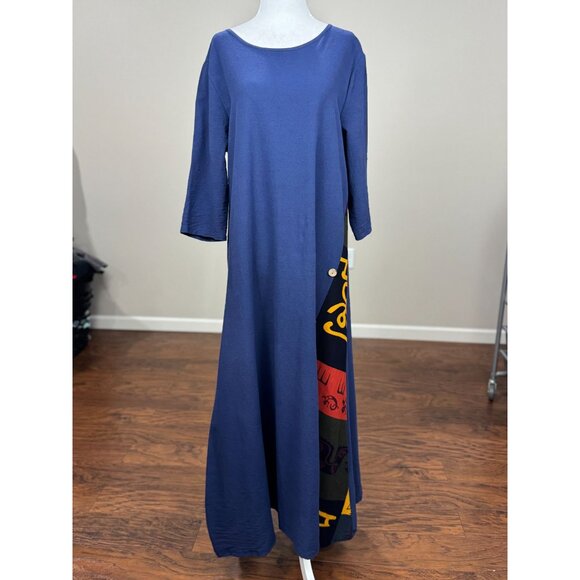 NEW Handmade M/L Blue Boho Chic Maxi Dress Button Detai Patterned Panel Cotton - Picture 3 of 11